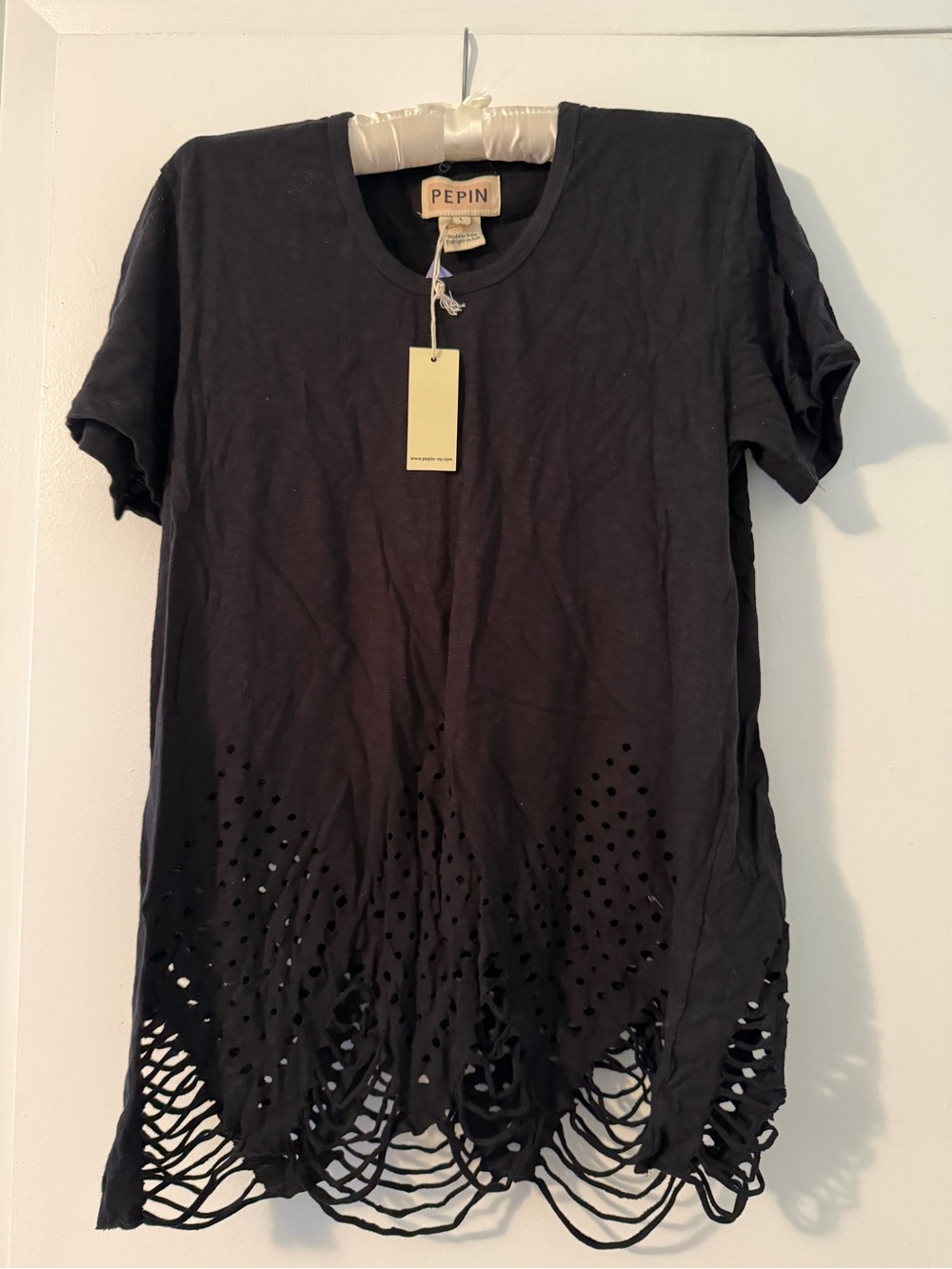 PEPIN Black Short-Sleeve Tee with Laser-Cut Fringe Hem